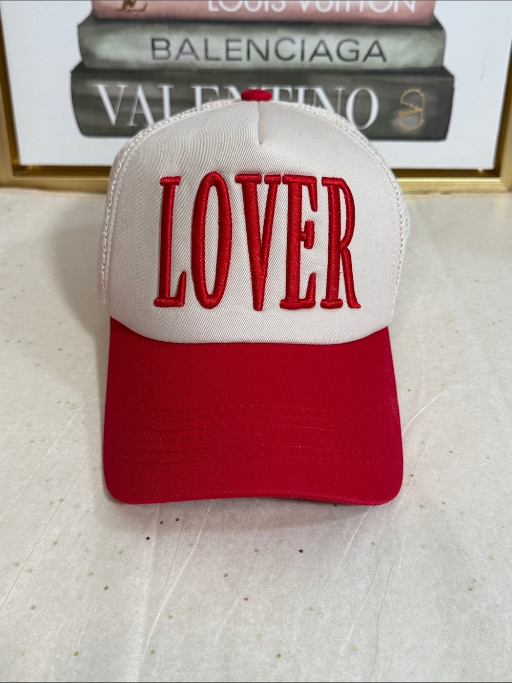 LOVER Embroidered Two-Tone Baseball Cap - Red & White